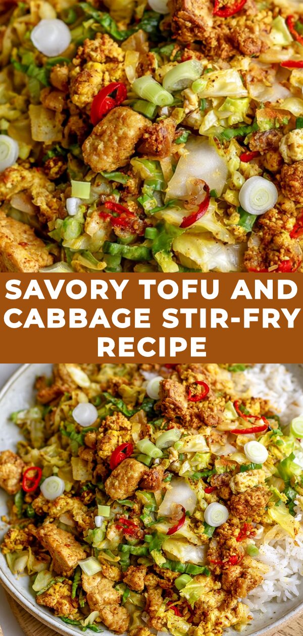 A vibrant stir-fry featuring golden pan-fried tofu cubes and crisp shredded cabbage tossed in a glistening savory sauce, garnished with green onions.
