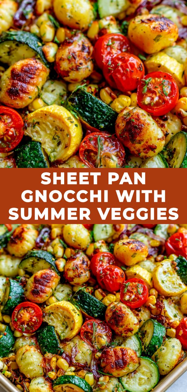 Roasted gnocchi, zucchini, bell peppers, and cherry tomatoes bake together on a sheet pan, coated in herbs and a light dressing.