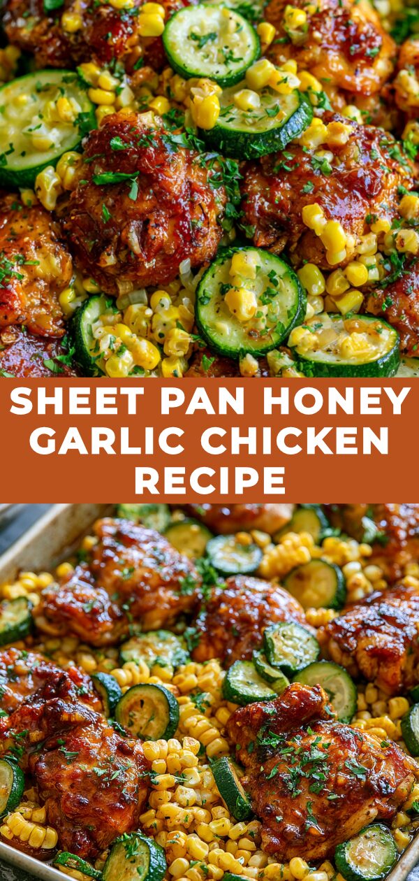 Tender chicken pieces glazed with a shimmering honey garlic sauce, roasted alongside colorful bell peppers and broccoli on a baking sheet.