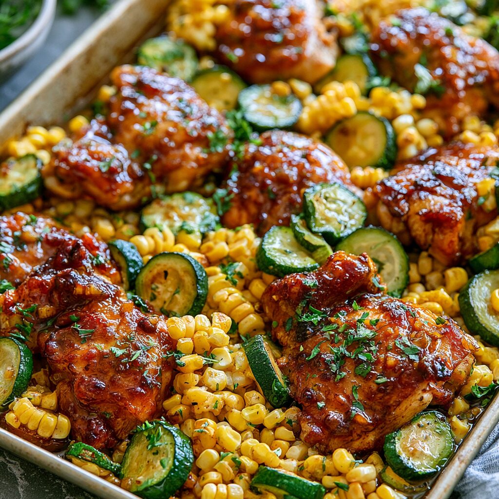 A glistening sheet pan filled with golden chicken pieces tossed in a sticky honey garlic sauce with vibrant red bell peppers and broccoli florets.