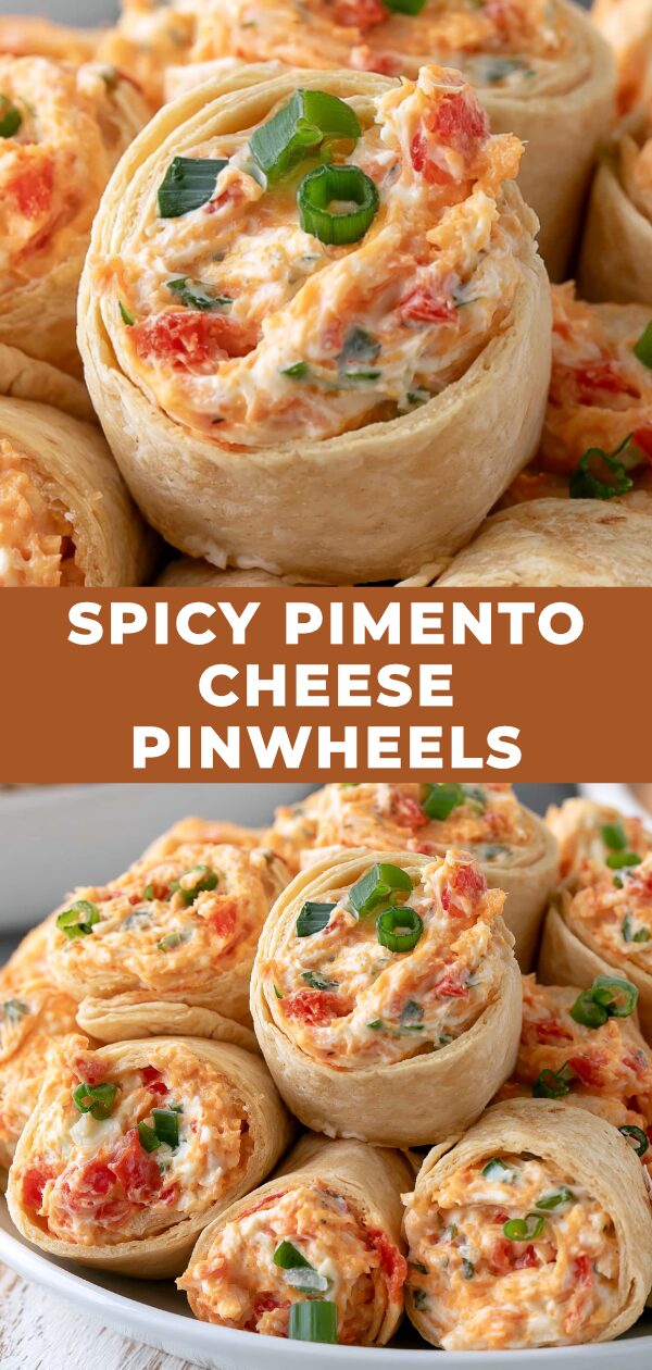A festive assortment of spicy pimento cheese pinwheels, perfect for appetizers.