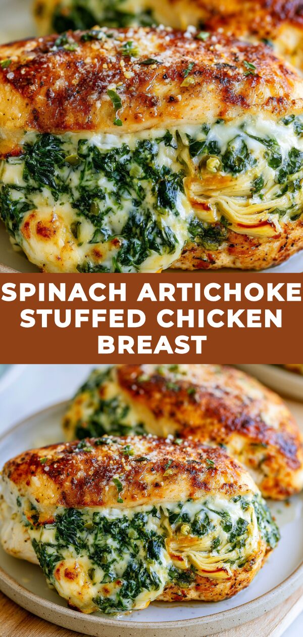Diana R. shows a cooked chicken breast stuffed with creamy spinach and artichoke filling.