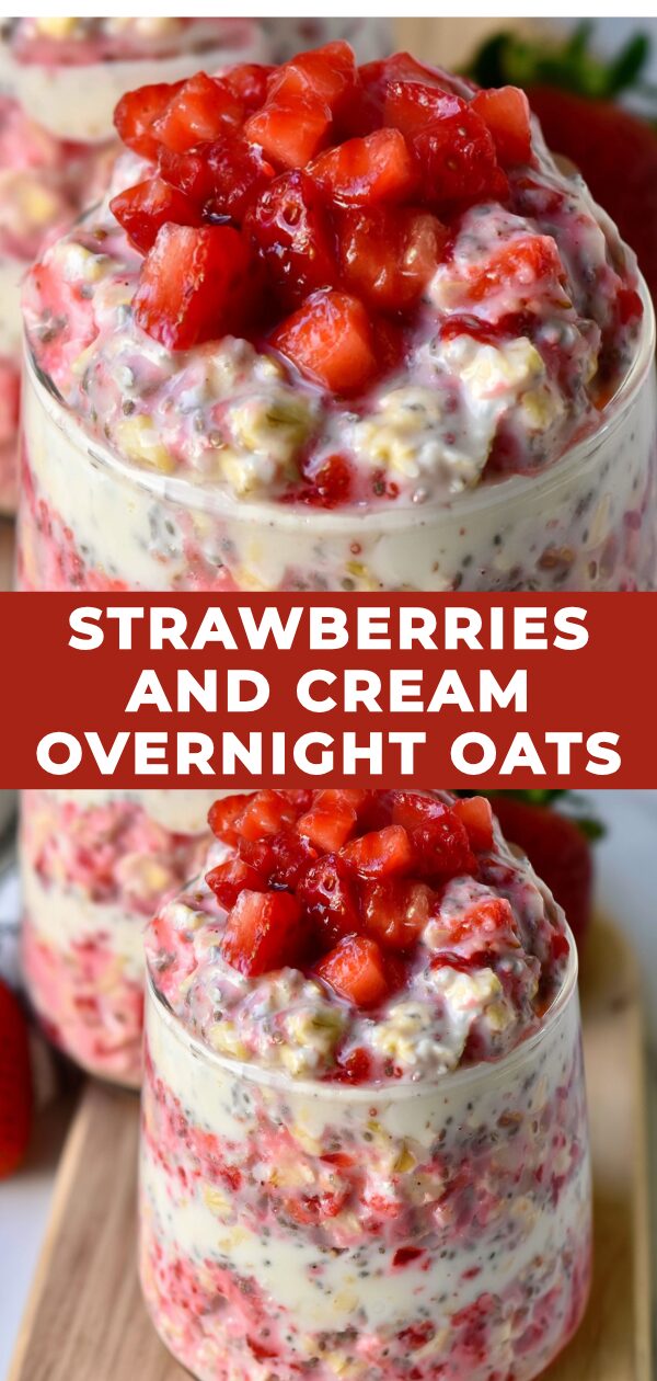 Creamy overnight oats layered with fresh strawberries and a swirl of whipped cream, ready to be enjoyed.