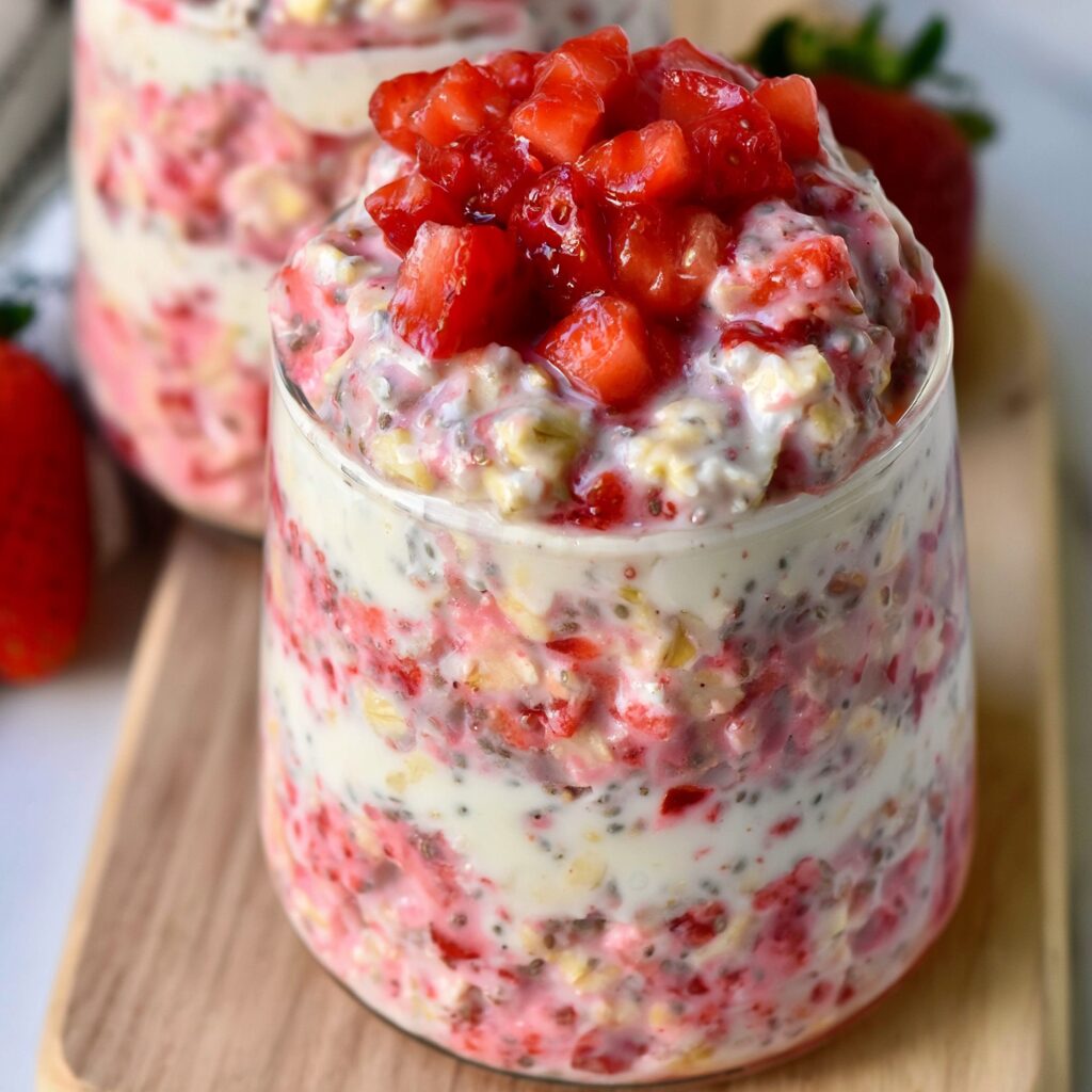 Overnight oats layered with fresh strawberries and a swirl of whipped cream.