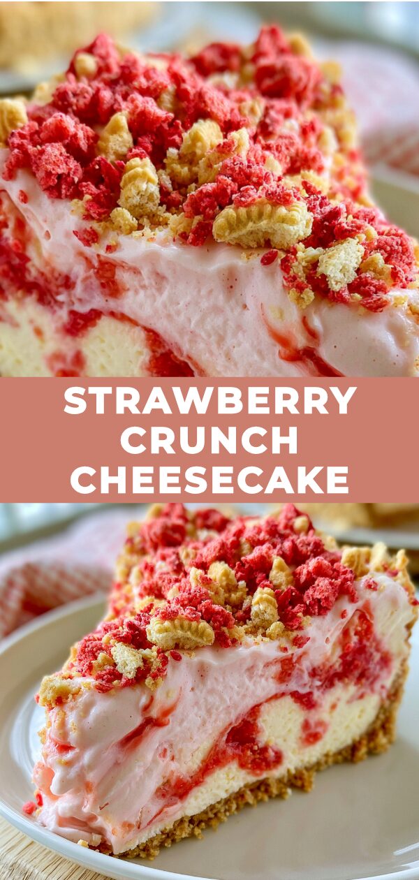 A slice of cheesecake topped with crunchy strawberry streusel and fresh berries.