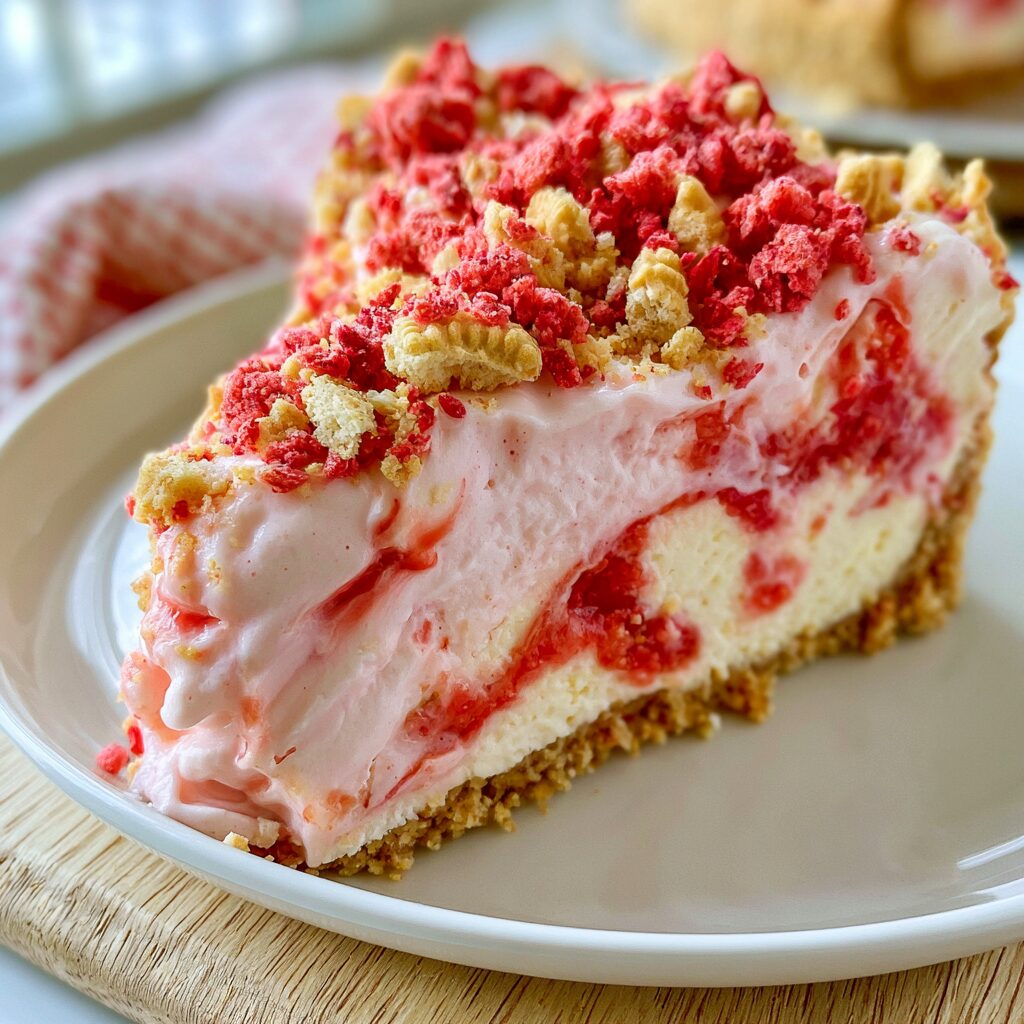 A slice of decadent cheesecake topped with vibrant strawberries and a crumble topping.