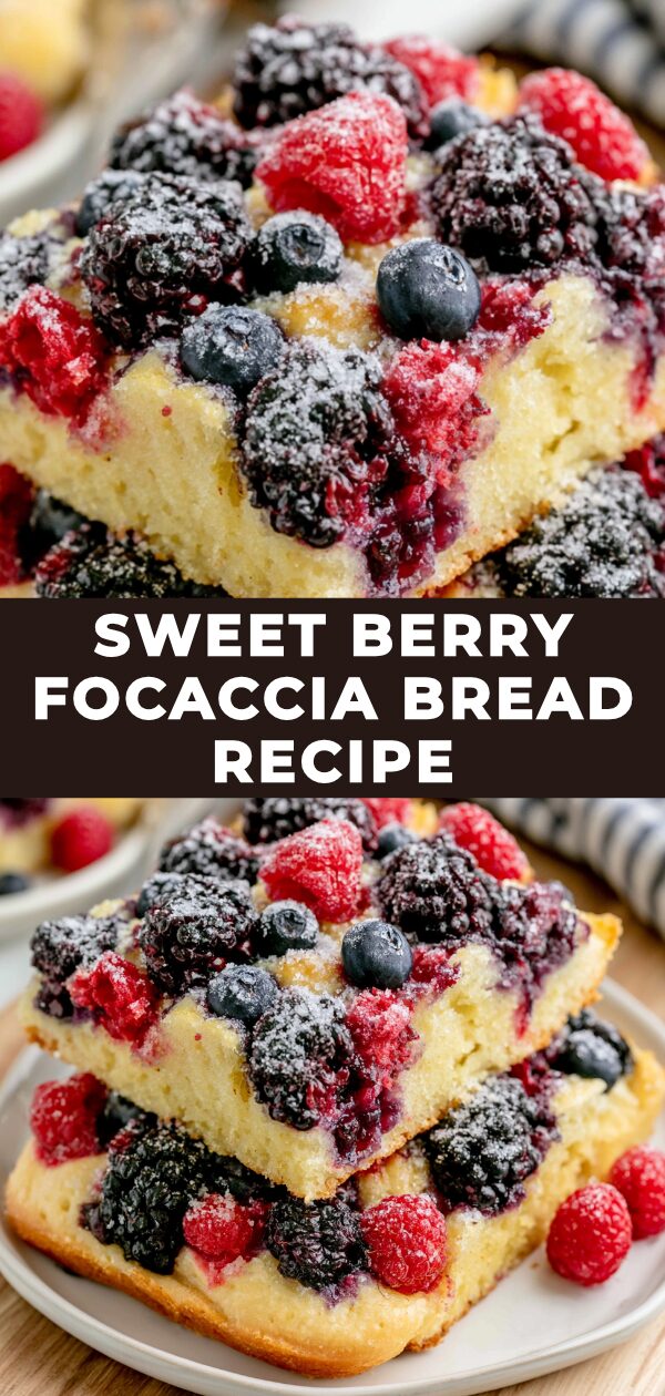 A rustic focaccia bread studded with red berries and sugar, ready to bake.