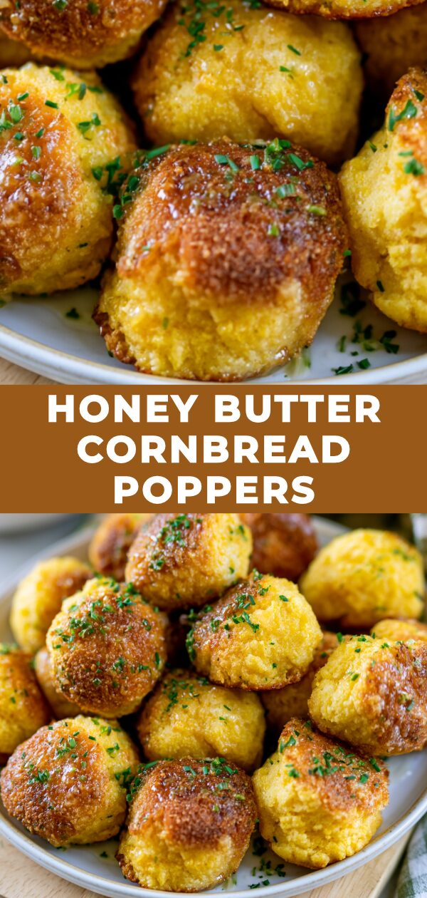 Golden-brown cornbread poppers shimmering with sweet honey butter glaze.