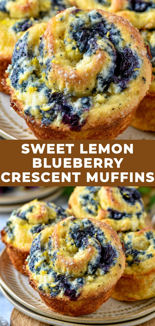 Golden-brown crescent muffins bursting with blueberries and lemon zest.