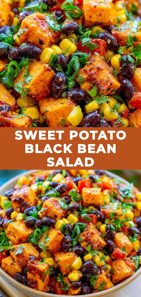 A vibrant salad featuring roasted sweet potatoes, black beans, corn, and herbs, suggesting a healthy and flavorful side dish.