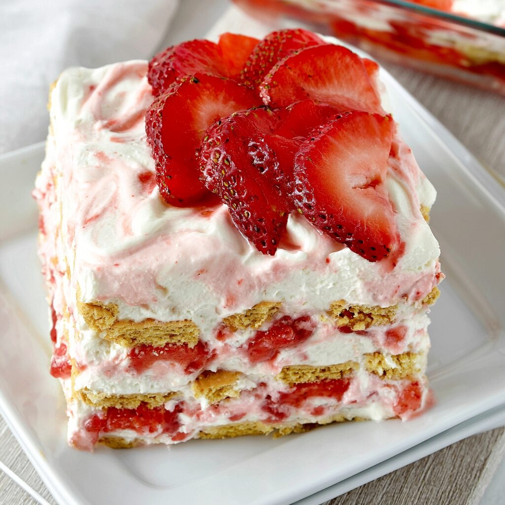 A colorful dessert features brightly red strawberries atop a crumbly graham cracker crust.