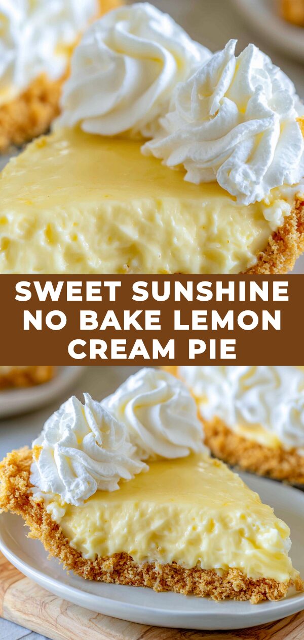 A slice of no-bake lemon cream pie, its pale yellow filling a perfect contrast to the golden-brown graham cracker crust, is topped with fluffy whipped cream and a bright yellow lemon slice.