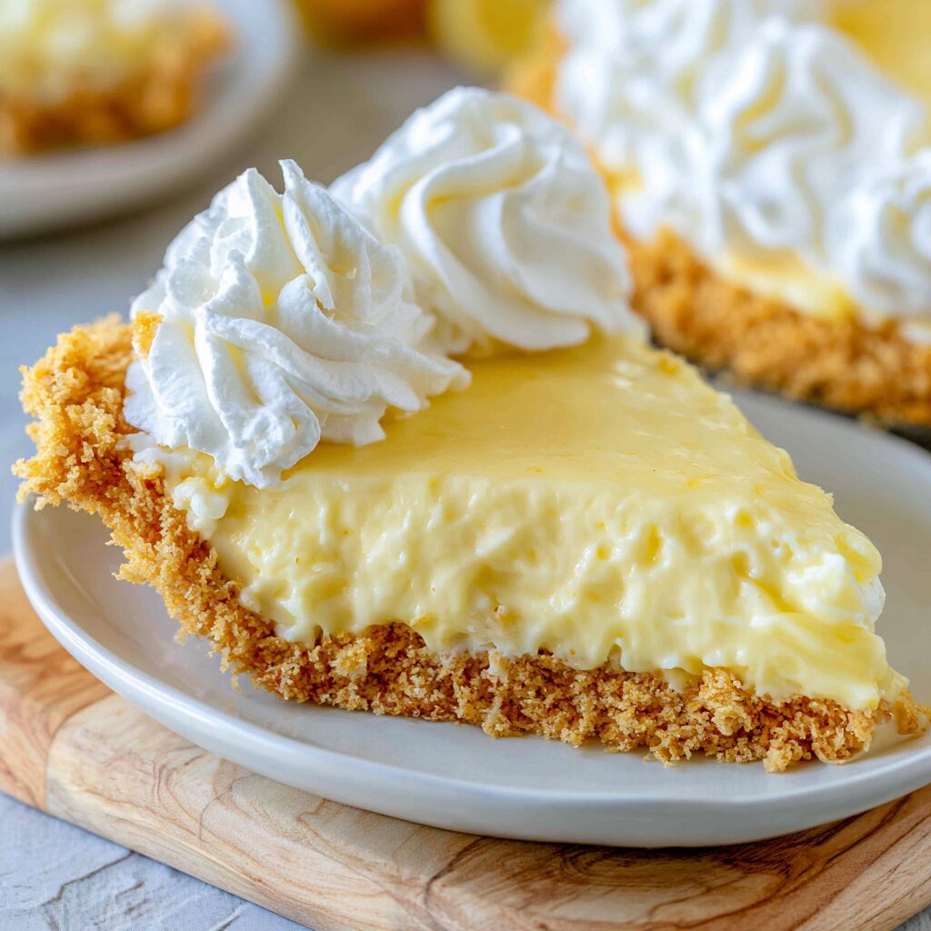 A bright lemon cream pie with a graham cracker crust, topped with whipped cream and lemon zest, promising a delightful no-bake treat.