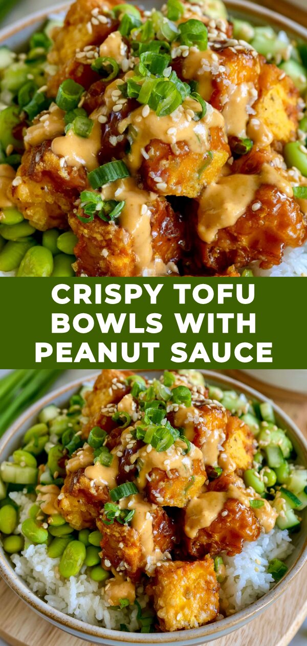 A vibrant bowl brimming with golden-brown crispy tofu chunks, fluffy rice, and crisp vegetables, all drizzled with a rich peanut sauce.