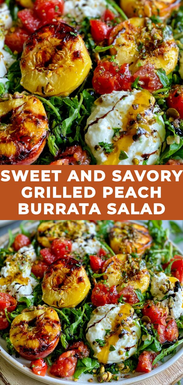 Grilled peaches and creamy burrata cheese meld with fresh greens for a delightful sweet and savory salad.
