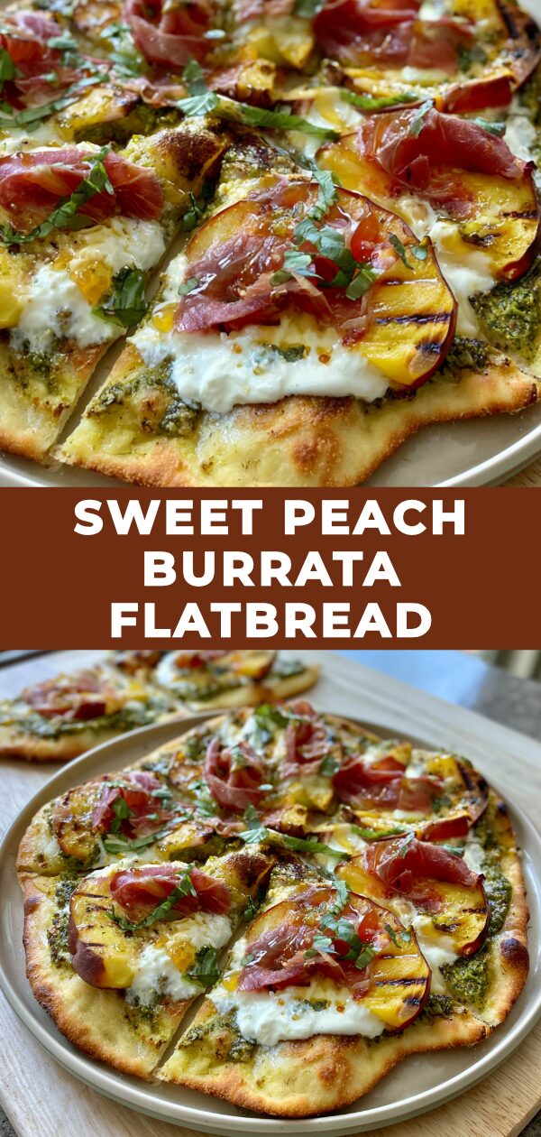 Golden flatbread topped with creamy burrata, sweet peaches, and a balsamic glaze drizzled over basil leaves.