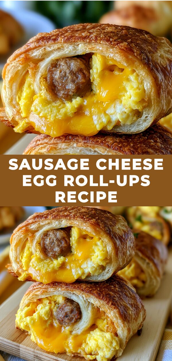 Golden-brown egg roll-ups filled with crumbled sausage, melted cheese, and scrambled egg.