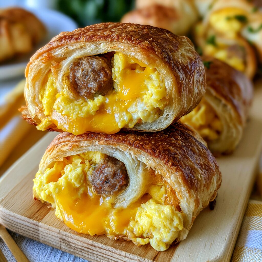 Golden-brown breakfast roll-ups filled with scrambled eggs, savory sausage, and melted cheese, perfect for a satisfying morning meal.