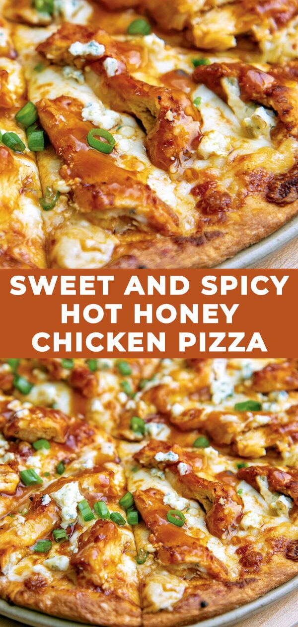 A crispy chicken pizza drizzled with hot honey and garnished with fresh herbs.
