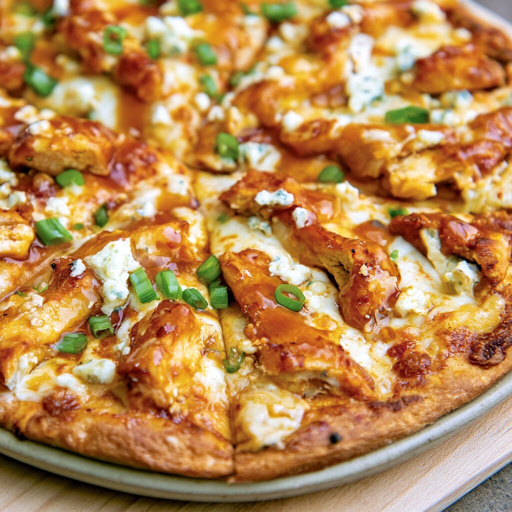 Flames lick a golden-brown chicken pizza drizzled with glistening hot honey.