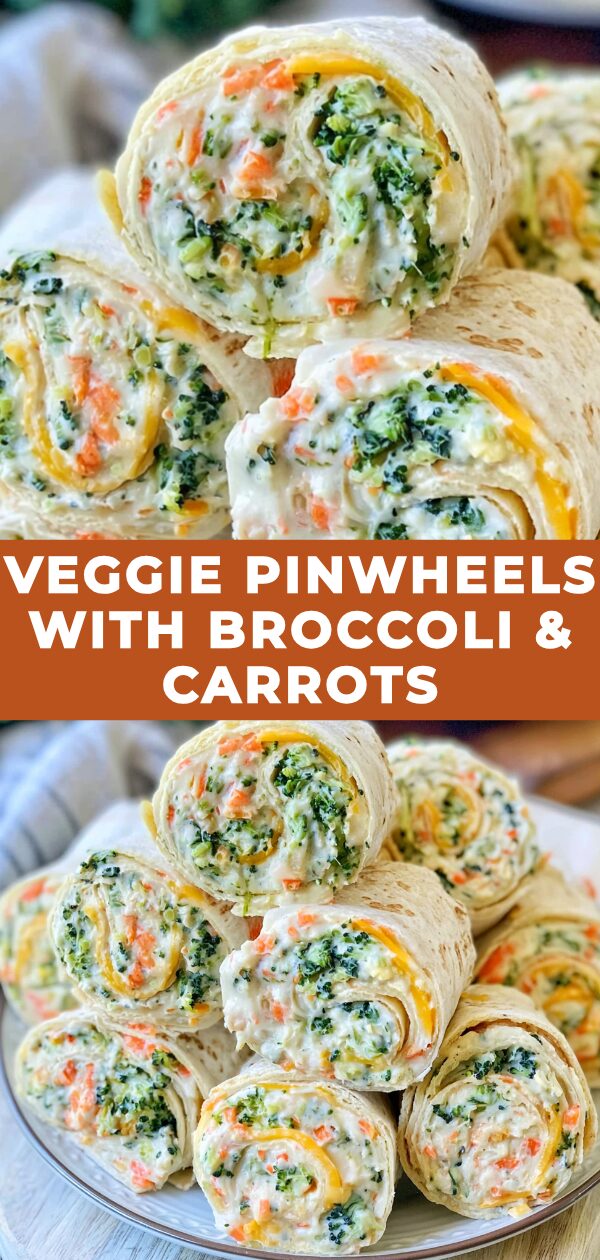 Colorful pinwheels packed with finely diced broccoli and carrots, offering a vibrant appetizer.