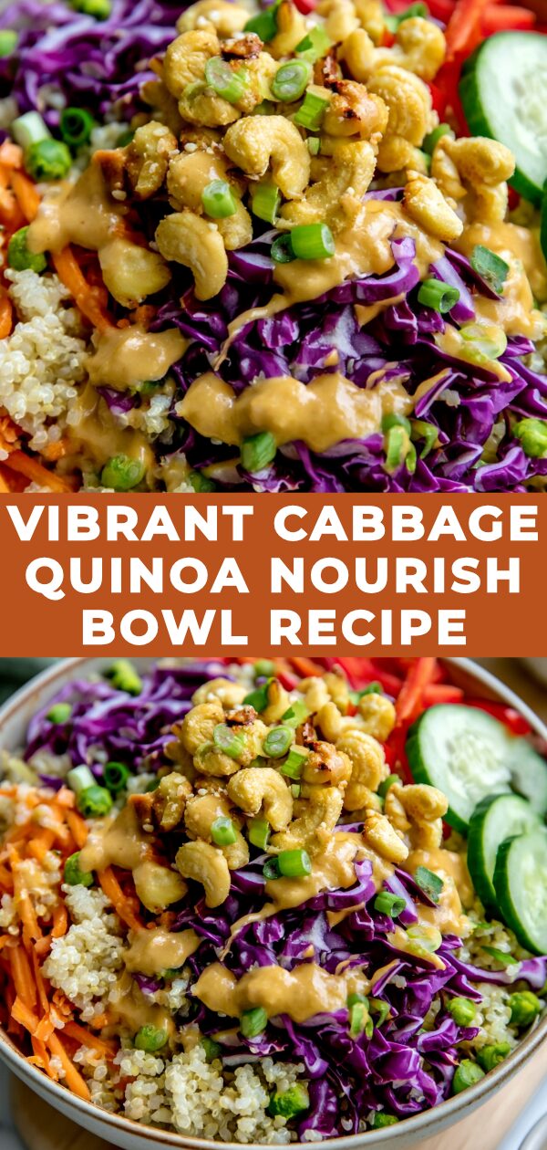 A colorful nourish bowl brimming with vibrant shredded cabbage, fluffy quinoa, and various fresh ingredients.