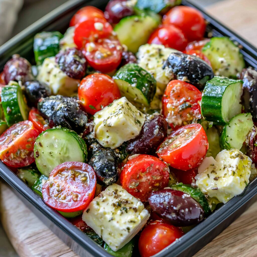 A colorful Greek salad showcases ripe tomatoes, crisp cucumbers, briny olives, and crumbly feta cheese, all tossed in a light vinaigrette.