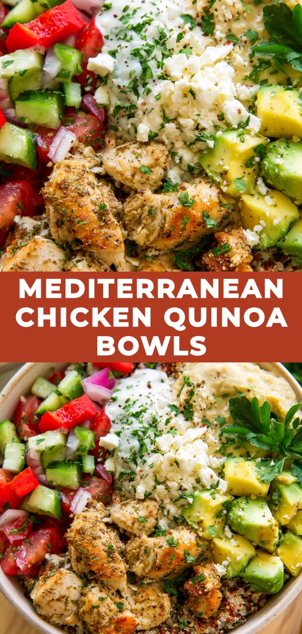 A vibrant bowl overflowing with fluffy quinoa, seasoned chicken, sun-dried tomatoes, olives, feta, and a lemon herb dressing.