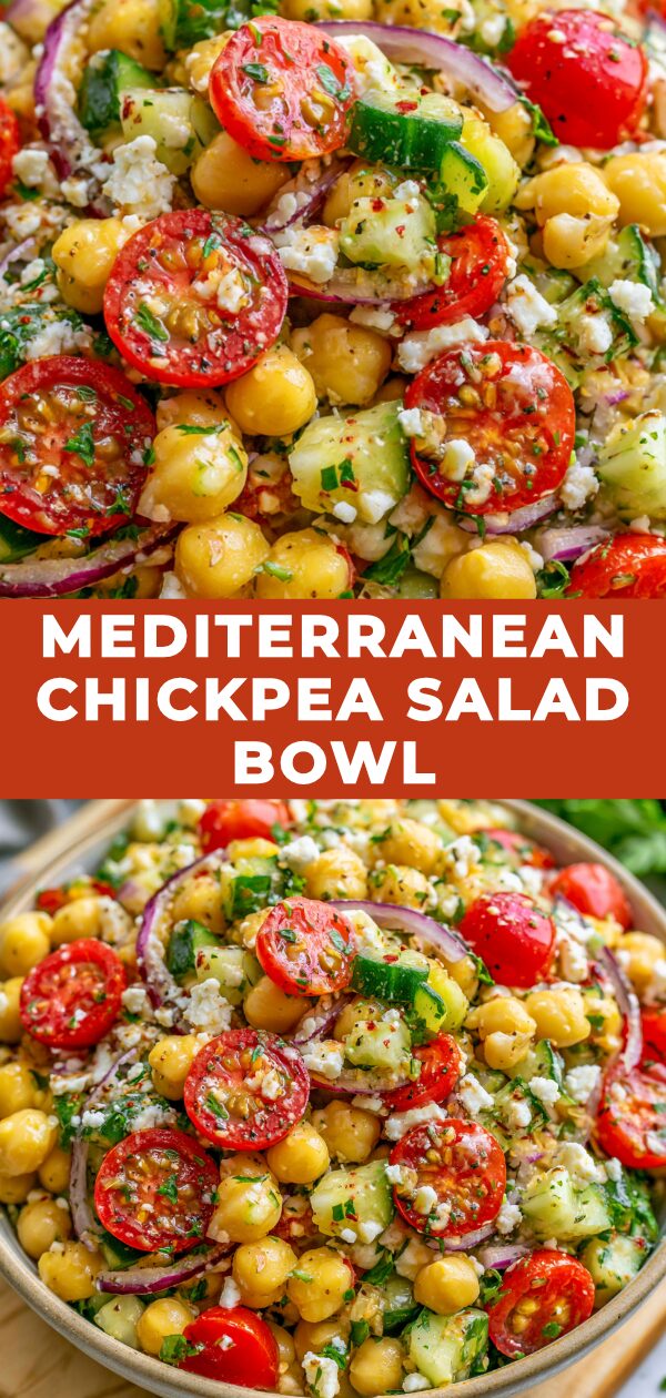 A vibrant Mediterranean chickpea salad bowl bursting with fresh vegetables, herbs, and a zesty dressing.