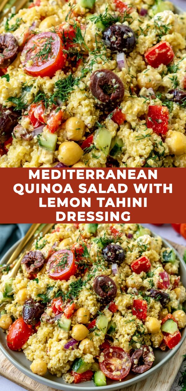 A colorful medley of quinoa, chickpeas, cucumbers, tomatoes, and fresh herbs is generously drizzled with a creamy lemon tahini dressing.