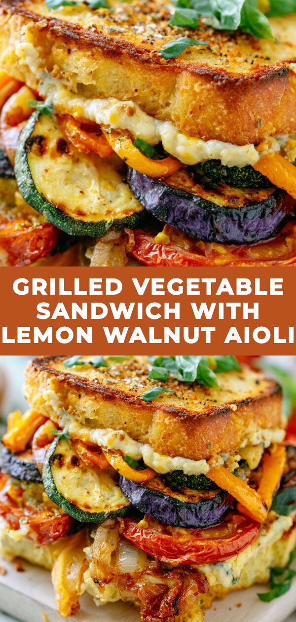 Savory grilled vegetables and creamy lemon walnut aioli mingle in a toasted sandwich.