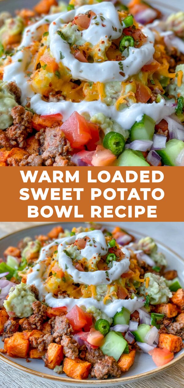 A vibrant sweet potato bowl overflowing with a savory mixture of black beans, corn, avocado, and cilantro.