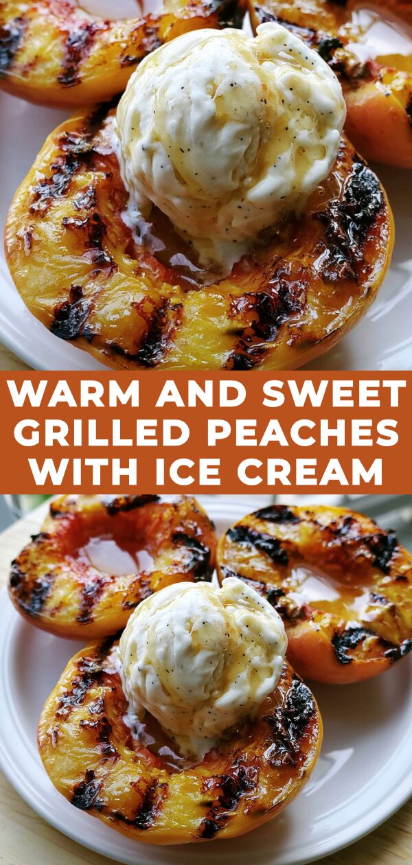 Melting vanilla ice cream cascades over caramelized grilled peach halves, drizzled with sweet syrup.