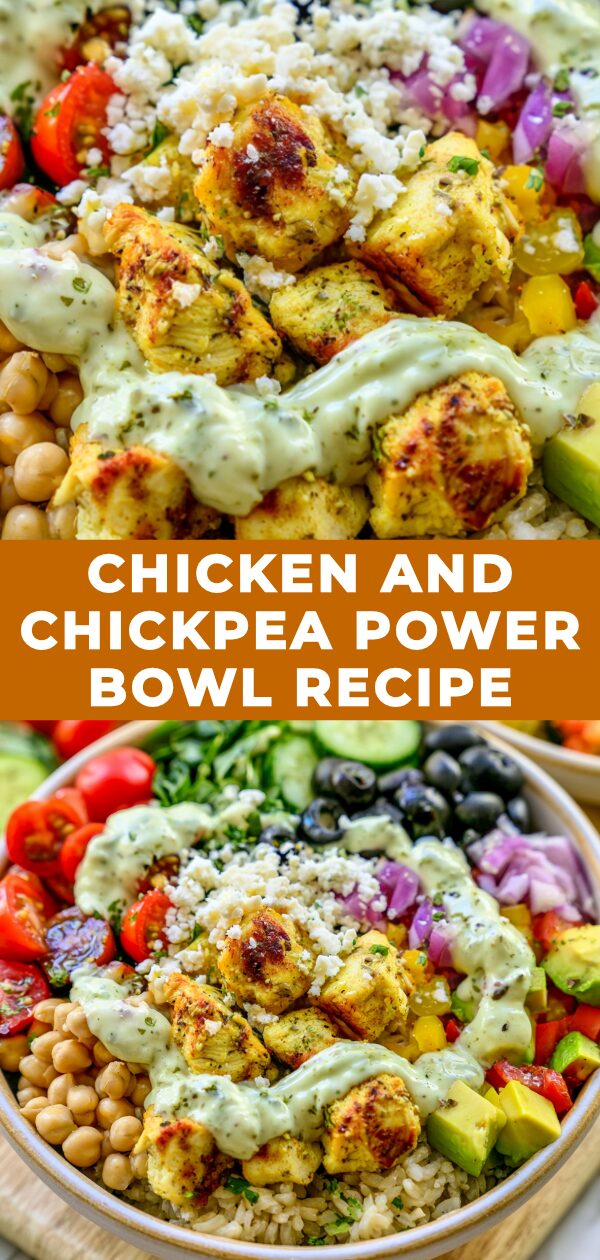 A vibrant Mediterranean chicken and chickpea power bowl overflowing with colorful ingredients.