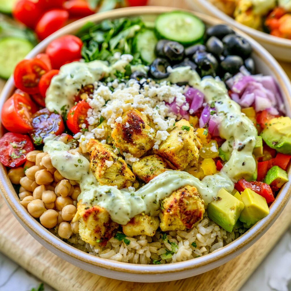 A vibrant Mediterranean chicken and chickpea power bowl bursting with colorful vegetables and wholesome ingredients.