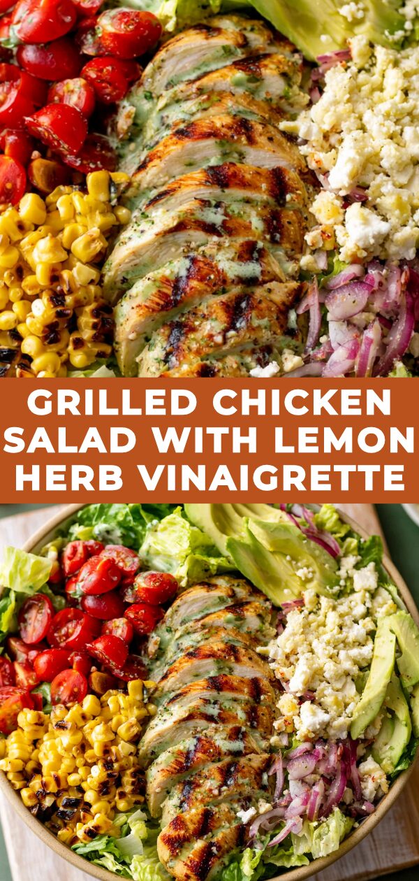 A vibrant salad featuring grilled chicken slices, mixed greens, and a glistening lemon herb vinaigrette.