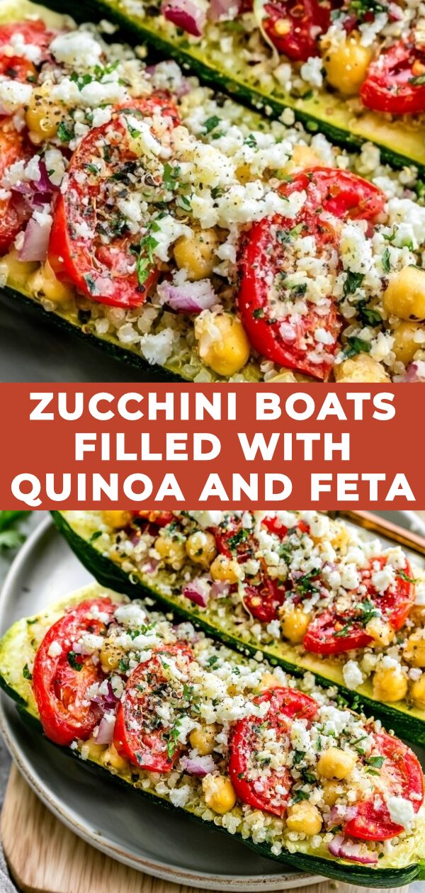 Baked zucchini halves overflowing with a savory quinoa and crumbled feta cheese filling.