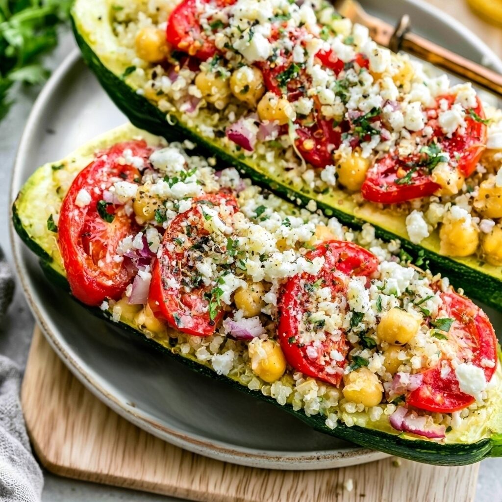 A vibrant dish of halved zucchini, baked until tender and brimming with fluffy quinoa and crumbled feta cheese.