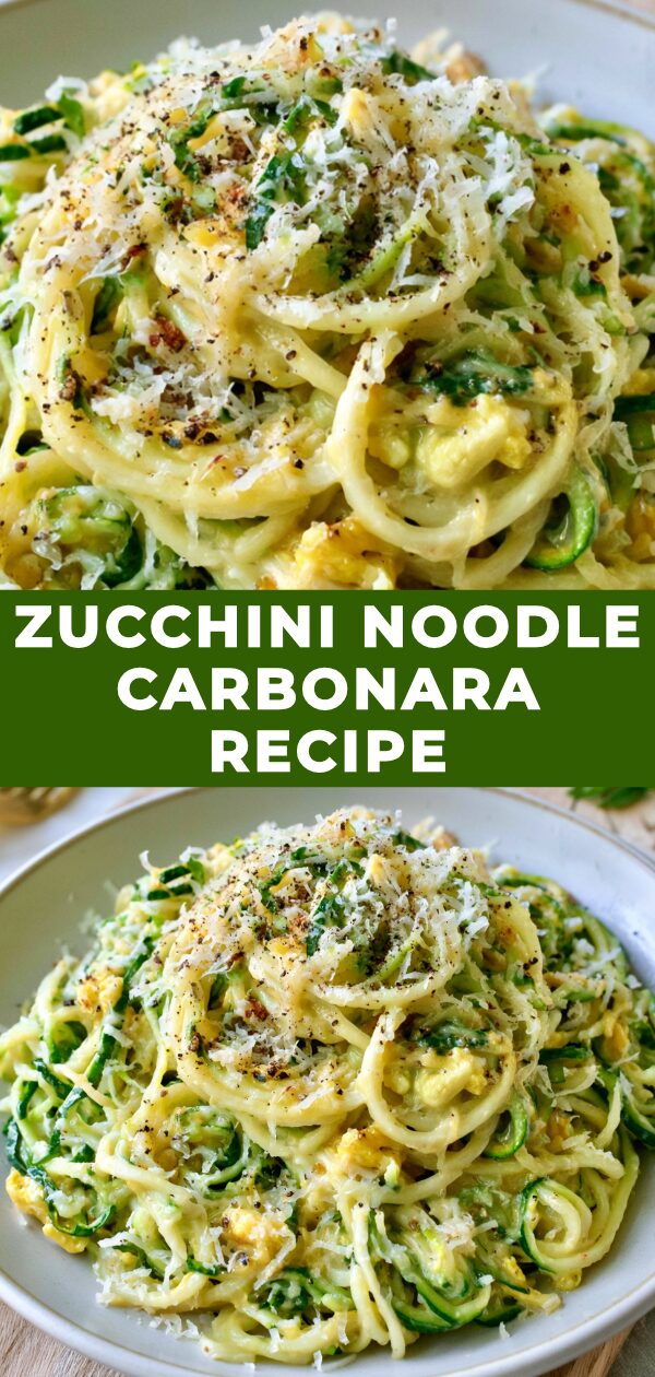 A hearty portion of zucchini noodles coated in a creamy carbonara sauce with crispy pancetta and grated Parmesan.