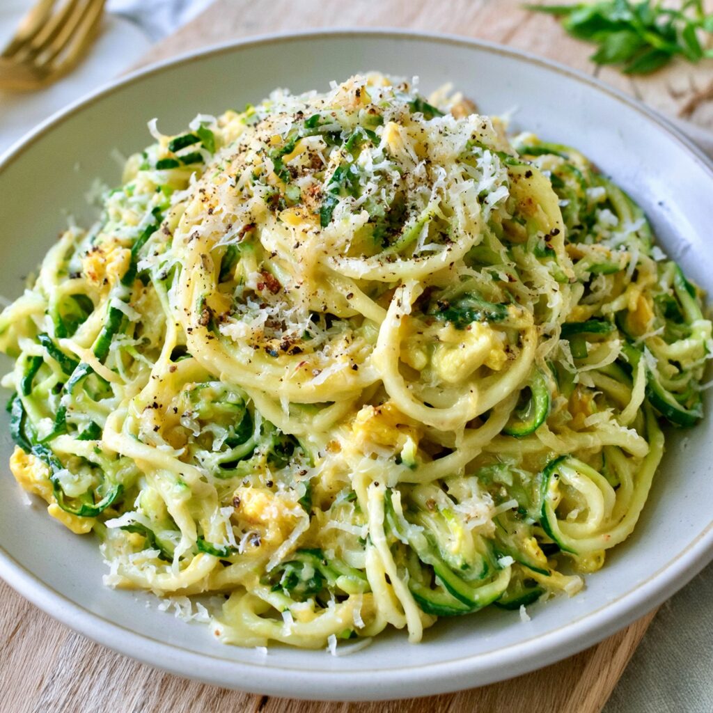 A hearty bowl of zucchini noodles tossed with creamy carbonara sauce, crispy pancetta, and grated Parmesan cheese.