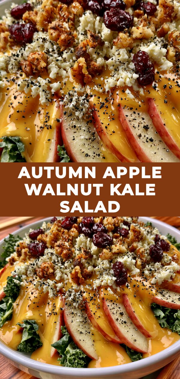 A vibrant salad of kale, apple slices, and walnuts in a bowl, hinting at a fresh autumn harvest.
