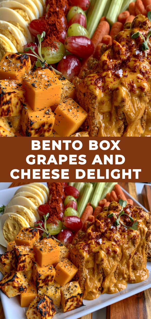 A curated bento box featuring vibrant purple grapes nestled beside creamy cheeses, offering a visually appealing and palatable snack.
