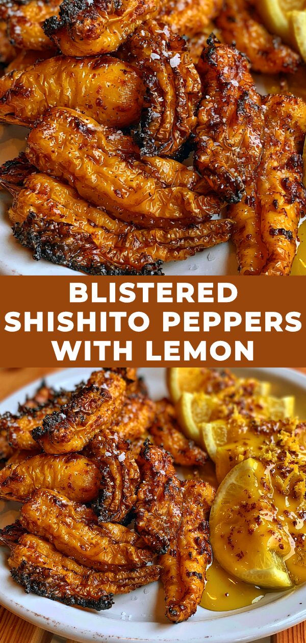 Charred shishito peppers sprinkled with flaky sea salt and a wedge of lemon sit on a white plate.