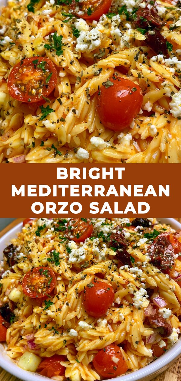 A vibrant orzo pasta salad brimming with fresh vegetables and a zesty lemon dressing.