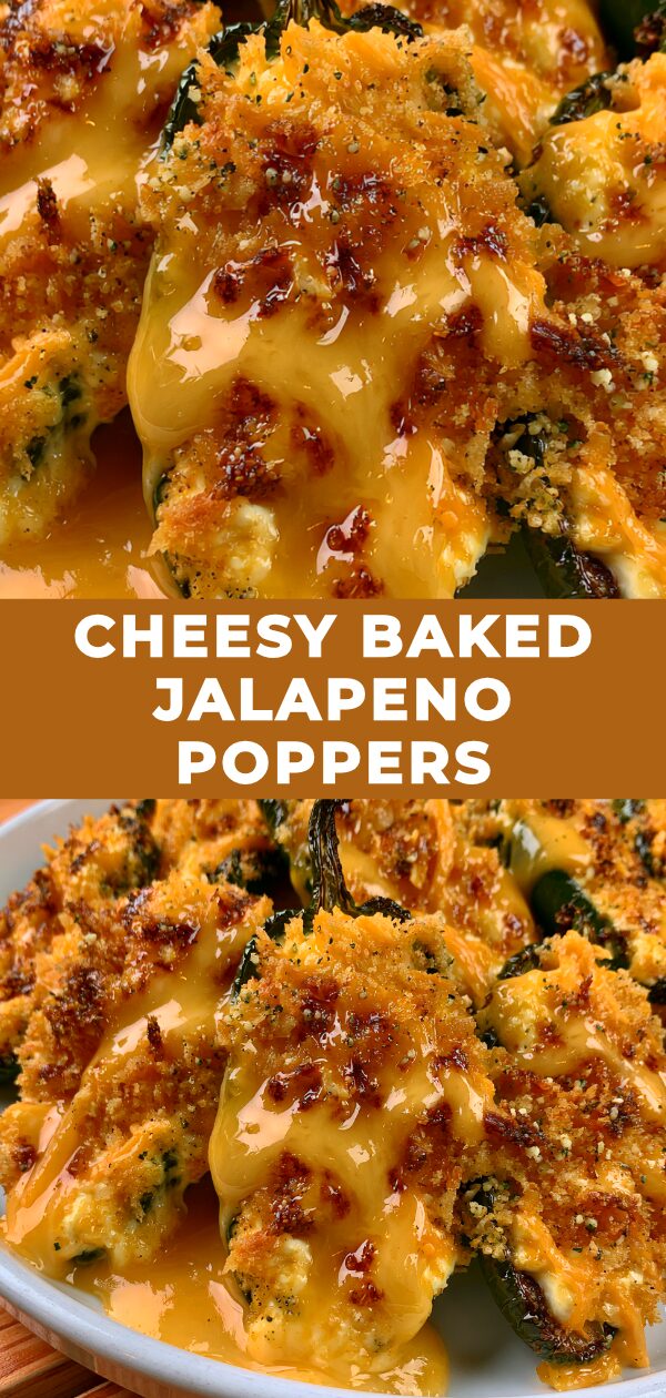 Spicy jalapenos bursting with melted cheese are baked to golden perfection.