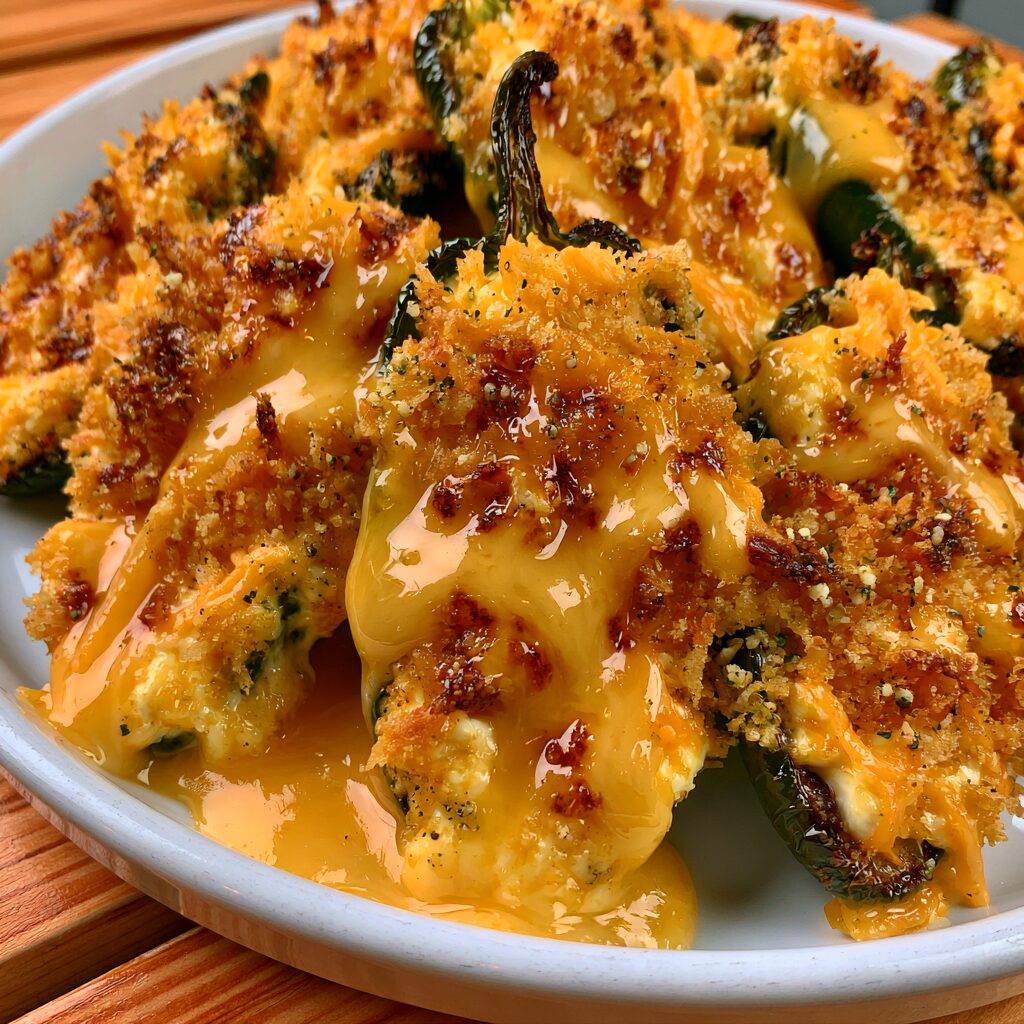 Golden-brown, breaded jalapeno halves stuffed with melted cheese are ready to be devoured.