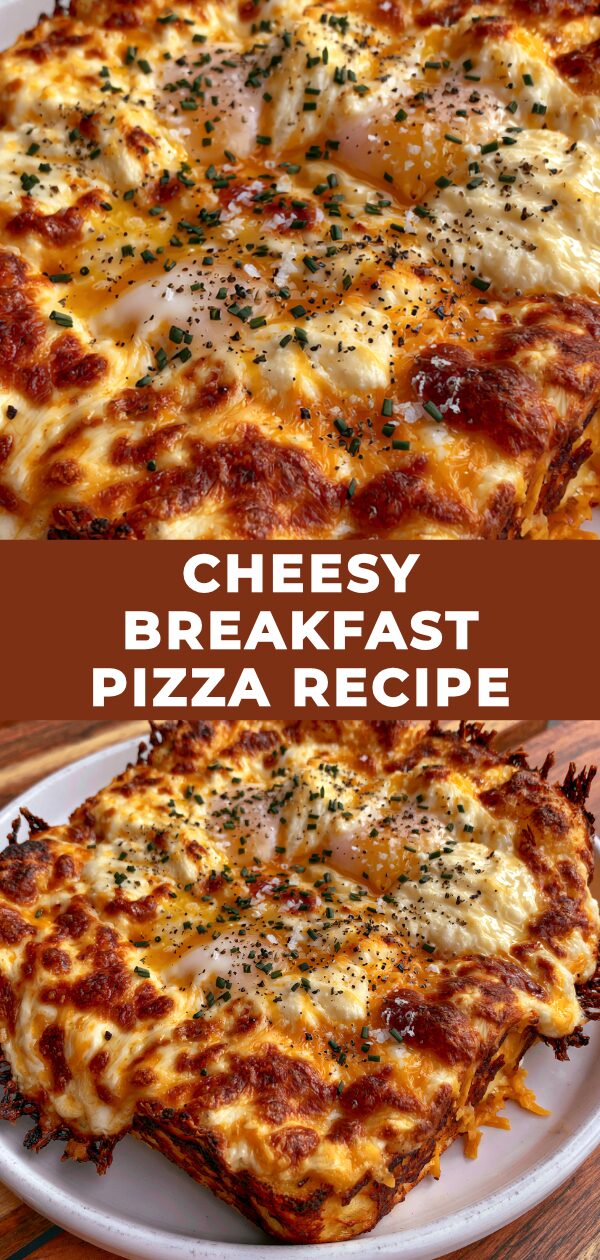 A delicious breakfast pizza piled high with eggs, cheese, and bacon, ready to be sliced.