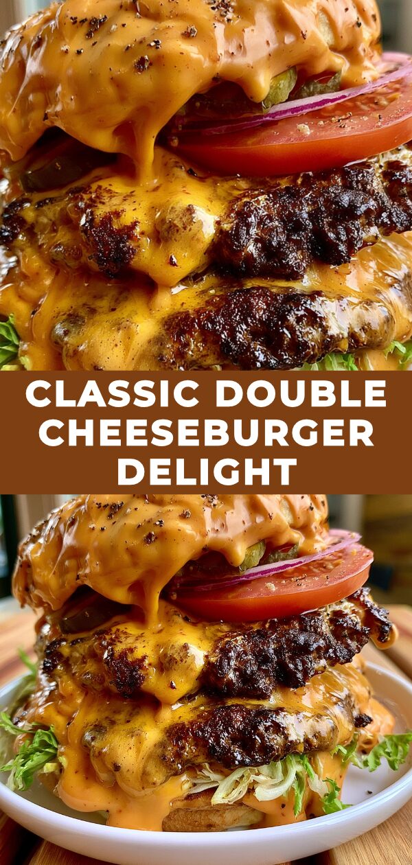 A juicy double cheeseburger with crisp lettuce and a shiny bun sits ready to be devoured.