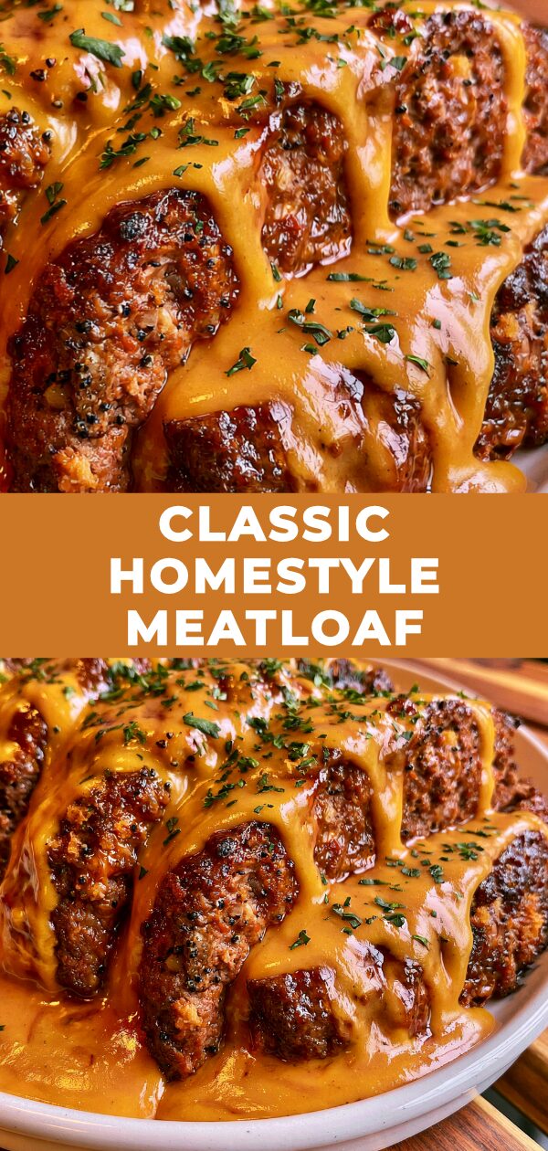 A savory, perfectly baked meatloaf sits on a ceramic platter, ready to be served next to classic side dishes.