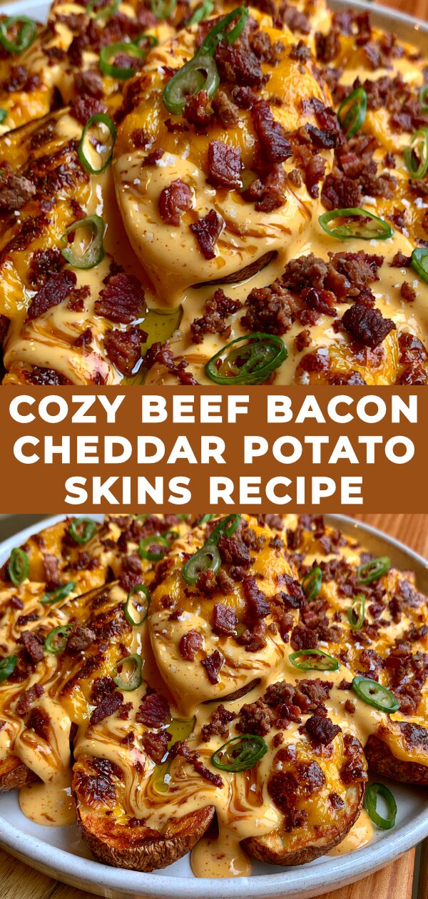 Crispy potato skins overflow with savory beef, smoky bacon, and melted cheddar cheese for a delightful bite.